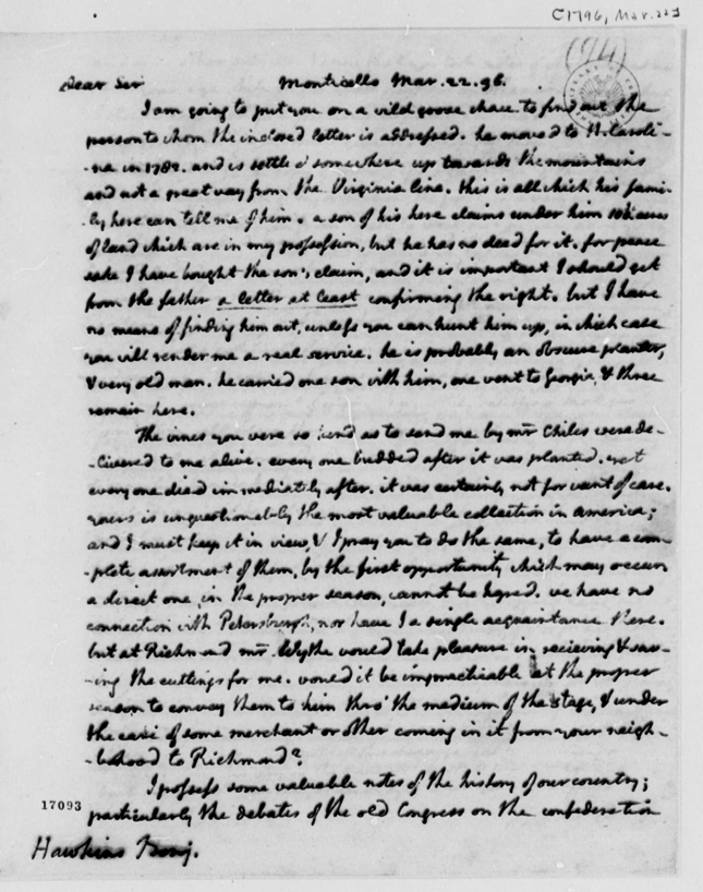 Jefferson Letter of March 22, 1796