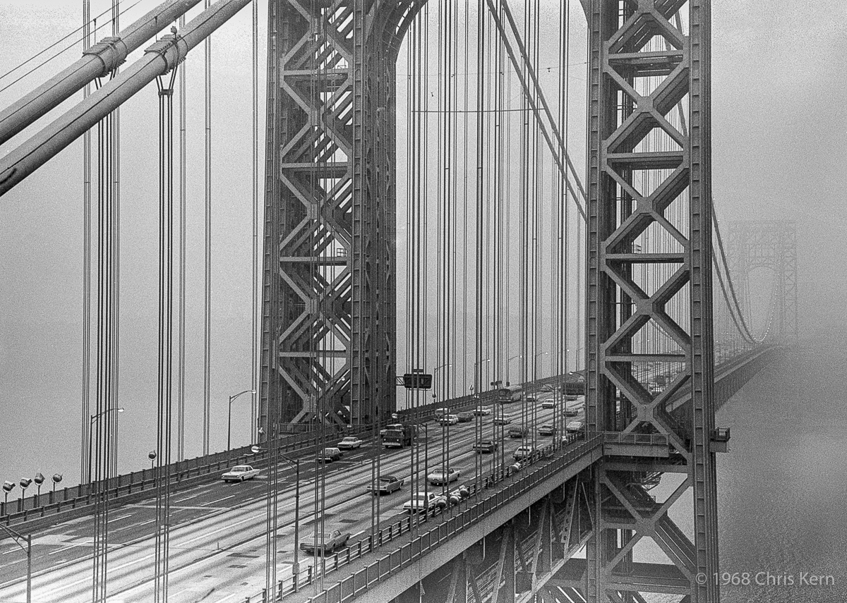 George Washington Bridge in Fog, Fort Lee, New Jersey, USA (1968)